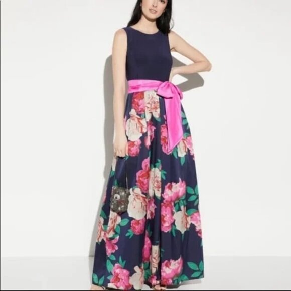 Eliza J Dresses & Skirts - ELIZA J. Maxi Dress Sleeveless Belted Floral Gown in Navy Pink size 4